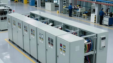 A professional wide-angle photograph of a modern North American industrial factory floor. In the foreground, custom-wired electrical control panels are neatly aligned. The lighting is crisp and cool-toned, highlighting the steel gray machinery and clean light gray floors. Engineers in industrial attire are visible in the background working on cable tray systems. The aesthetic is precise, clean, and technologically advanced.