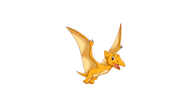 Illustrazione di un pterodattilo sorridente in stile cartone animato, utilizzata per contenuti dedicati ai bambini nella pale