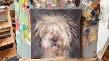 An original painting of an Old English Sheepdog by Alex Goddard