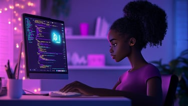 AI-generated image by MidJourney of a girl at her computer practicing prompting skills