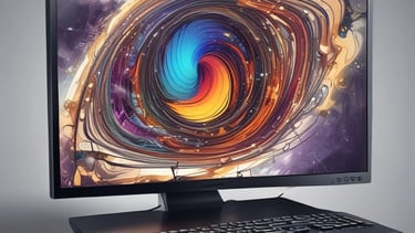 A modern, organized workspace featuring a large monitor displaying graphic design software alongside a laptop with a vibrant logo. A sleek keyboard and mouse are positioned on the desk, which also holds small decorative items and a desk lamp. A bookshelf with colorful books is visible nearby.