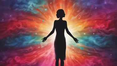 a woman standing on a hill with a colorful sky background