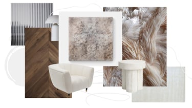 Modern interior design mood board featuring a white bouclé chair, abstract art, and fluted stone textures.