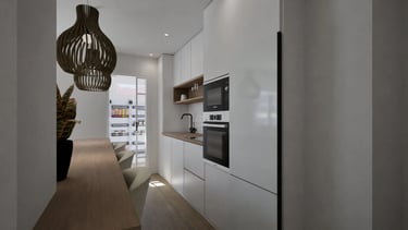Render 3D de cocina en galería con barra de madera
