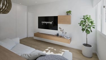 Render 3D de salón con mueble TV flotante y planta
