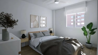 Render 3D de dormitorio principal luminoso con cama doble