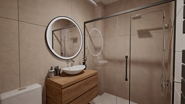 Render 3D de baño con ducha de vidrio y espejo circular