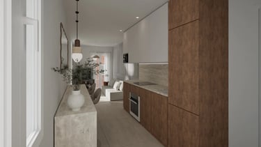 Render 3D cocina lineal con comedor y paneles madera