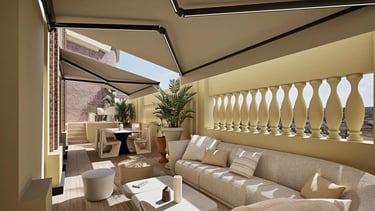 Render 3D de azotea con toldos retráctiles, sofá modular y vegetación