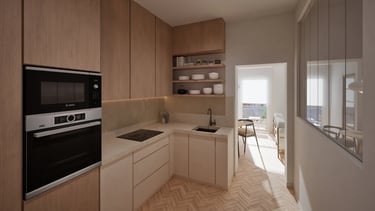 Render 3D de cocina en L con mobiliario de madera y office al fondo