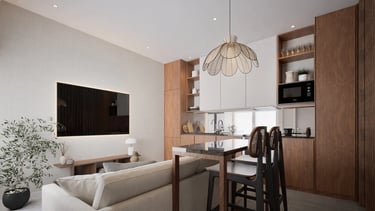 Render 3D de salón con cocina abierta en madera natural y diseño contemporáneo