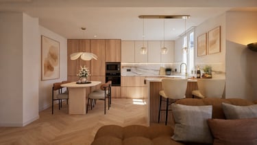 Render 3D de cocina moderna con isla, comedor redondo, mobiliario de madera y tonos neutros.