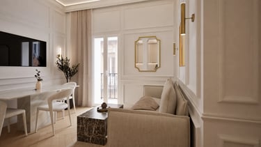 Render 3D de salón-comedor con escritorio, espejo dorado y mesa de centro en piedra.