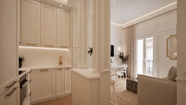 Render 3D de cocina en L crema con tiradores dorados y barra con pilastras.