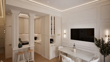 Render 3D de comedor–salón con molduras clásicas, mesa de mármol e iluminación LED.