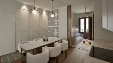 Render 3D de salón-comedor con cocina abierta