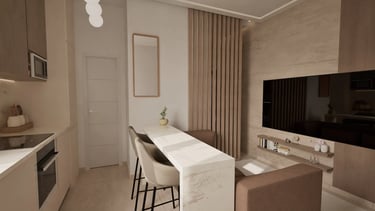 Render 3D de cocina-comedor con isla alta y mueble de TV integrado