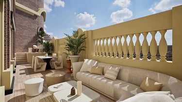 Render 3D de salón exterior con sofá y mesa baja junto a balaustrada