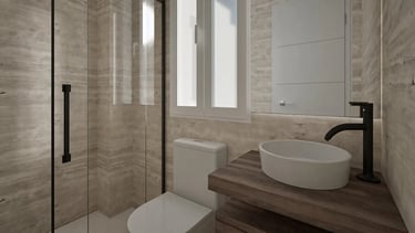Render 3D baño con ducha de vidrio y grifería negra