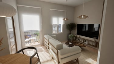 Render 3D de salón con TV y salida a balcón