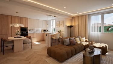 Render 3D de salón comedor con cocina abierta, tonos cálidos y mobiliario contemporáneo