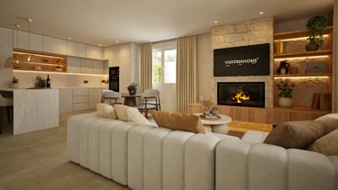 Render 3D de salón con cocina abierta, chimenea revestida en piedra y muebles en tonos cálidos.