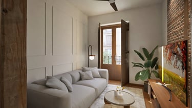 Render 3D de salón con muro de ladrillo visto y balcón