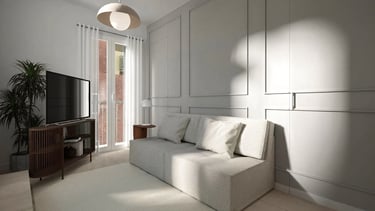 Render 3D salón minimalista con molduras y sofá claro