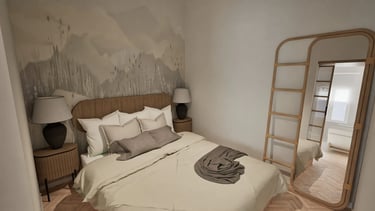 Render 3D de dormitorio con mural y espejo de pie