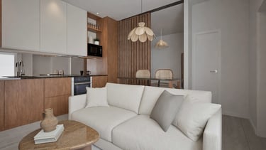 Render 3D fotorrealista de salón moderno con cocina integrada y mobiliario en tonos neutros