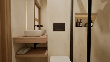 Baño moderno con lavabo sobre mueble de madera, ducha con perfilería negra y nicho iluminado.