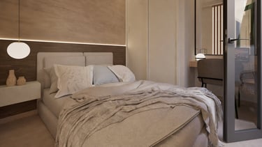 Render 3D de dormitorio con cabecero tapizado y lámpara esférica