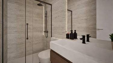 Render 3D de baño moderno con ducha de vidrio y revestimiento en piedra natural