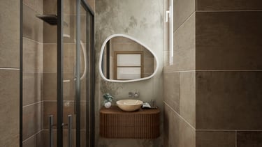 Render 3D de baño con ducha y lavabo sobre mueble curvo