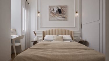 Render 3D de dormitorio principal con cabecero capitoné, mesillas y molduras en pared.