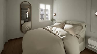 Render 3D de dormitorio con espejo arqueado, molduras y textiles beige