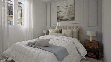 Render 3D dormitorio doble con cuadros abstractos y mesillas