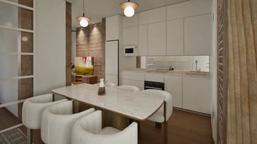 Render 3D de comedor y cocina lineal con mesa para seis