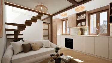 Render interior de salón-cocina de estilo cálido y contemporáneo, con escalera suspendida de madera