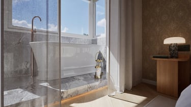 Render 3D de bañera exenta junto a ventana, revestimiento de mármol y detalles dorados.