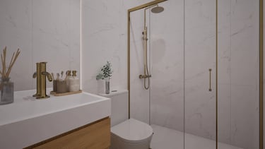 Render 3D de baño blanco con ducha, mueble de madera y grifería dorada.
