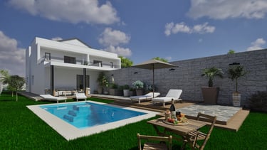 Render exterior de patio trasero en chalet con piscina, mobiliario y jardinería.