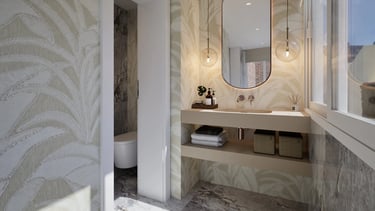 Render 3D de baño moderno con lavabo suspendido, espejo ovalado y papel pintado vegetal.