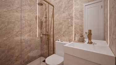 Render 3D de baño con aplacado marmoleado beige, mampara y grifería dorada.