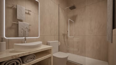 Render 3D de baño con lavabo circular, espejo retroiluminado y ducha