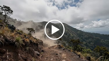 Widescreen video player frame showing a helmet-cam view of a volcanic descent trail, dust rising ahead, overcast Indonesian sky above the treeline, play button overlay centered