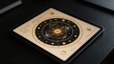 Overhead flat lay of a dark study desk, an elegant tablet displaying a highly structured geometric astrology PDF, soft golden light reflecting off textured paper with gold foil diagrams