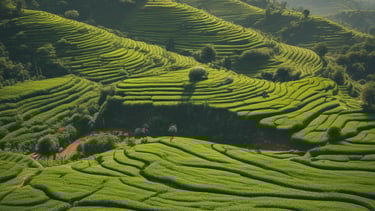 A man is working in a lush green tea plantation, surrounded by rows of tea plants and tall, slender trees in the background. Several other workers can be seen scattered across the plantation, engaged in similar activities. The man in the foreground is wearing dark clothing and a headscarf, holding a container for harvesting tea leaves.