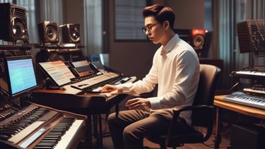 A professional artist working on their music at a studio.