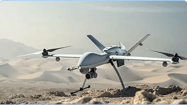 a large military drone flying over a desert